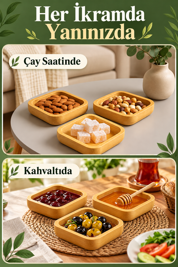 Mucit Home Bambu 3'lü Kare Çerezlik Reçellik Lokumluk