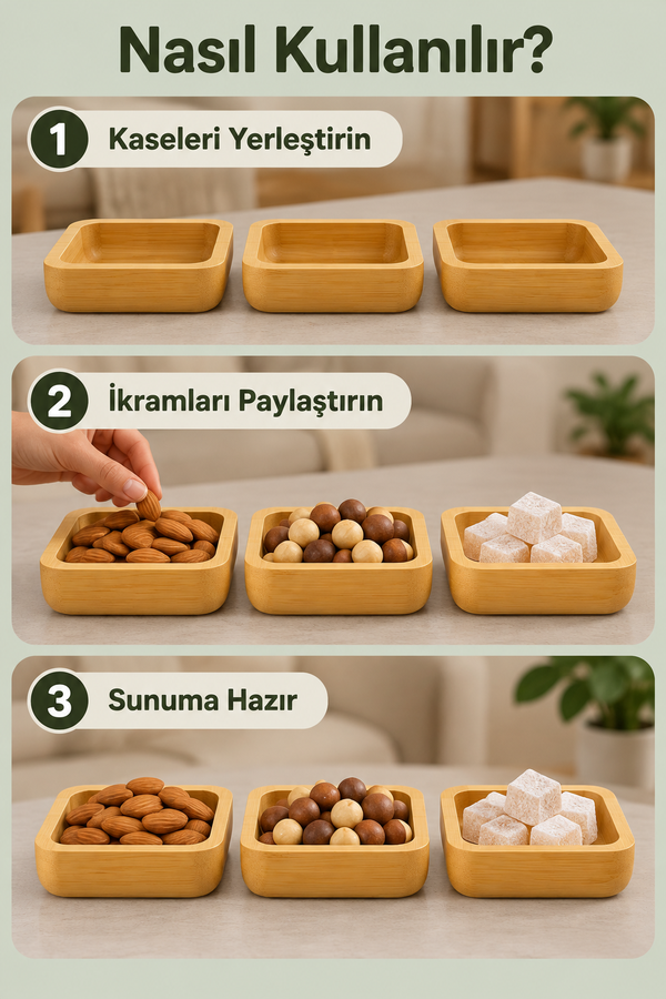 Mucit Home Bambu 3'lü Kare Çerezlik Reçellik Lokumluk