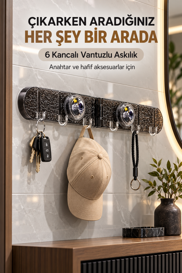 Mucit Home 6 Kancalı Yapışkan Vantuzlu Askılık – Düz ve Köşe Kullanımlı Mutfak Banyo Düzenleyici