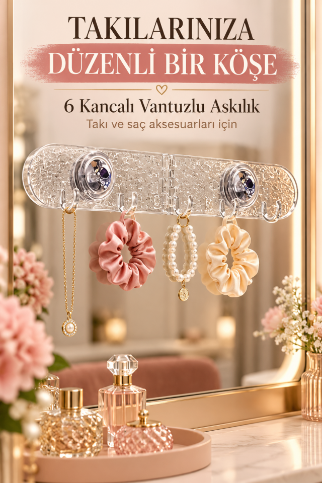 Mucit Home 6 Kancalı Yapışkan Vantuzlu Askılık – Düz ve Köşe Kullanımlı Mutfak Banyo Düzenleyici