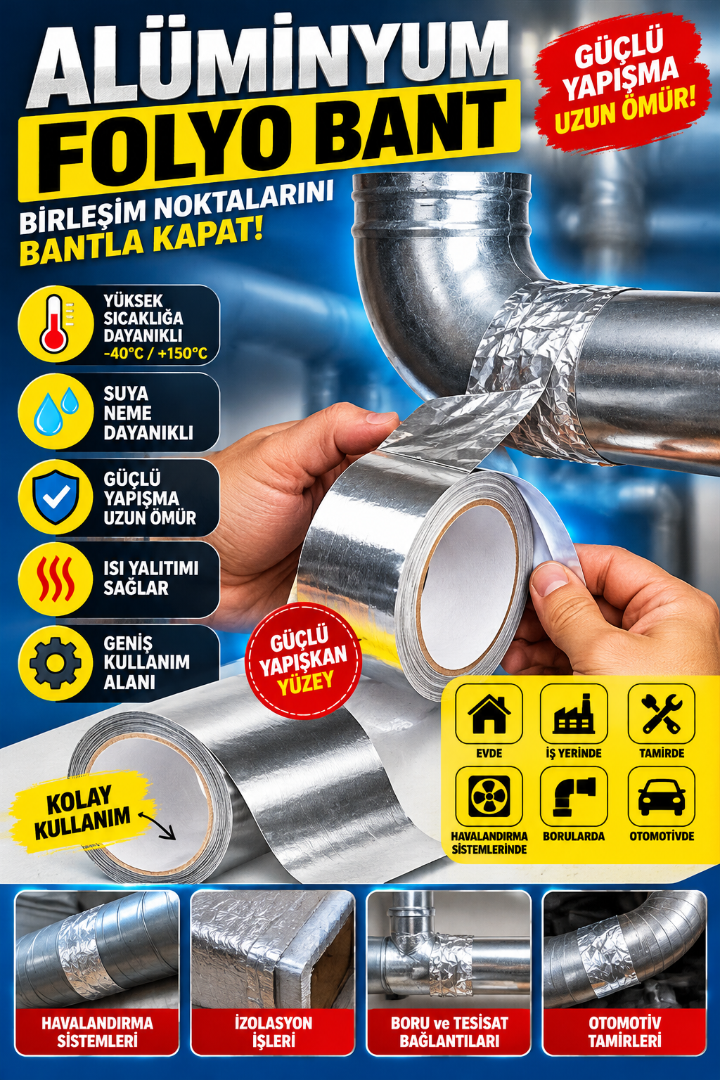 Mucit Home Metalik Bant Güçlü Yapışkanlı Alüminyum Folyo Baca Isı Yalıtım Bandı Havalandırma Bandı