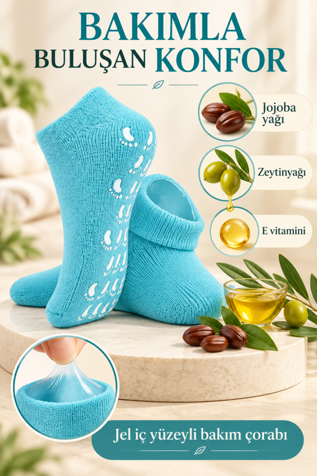 Mucit Home Kaymaz Tabanlı Jel Bakım Çorabı Jojoba Yağı, Zeytinyağı ve E Vitaminli Çorap