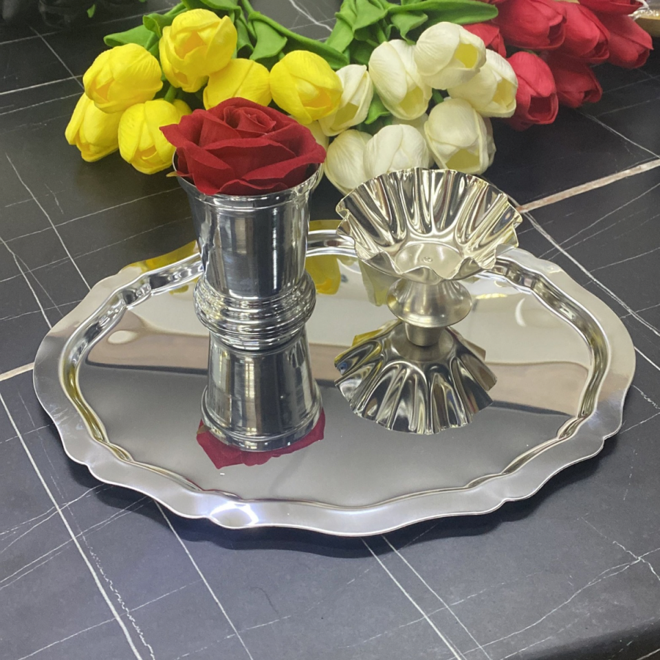 Mucit Home  Paslanmaz Çelik Oval Dalgalı Model 6 Adet El Kesmes Kalın tepsi Tepsisi 20*25 Cm