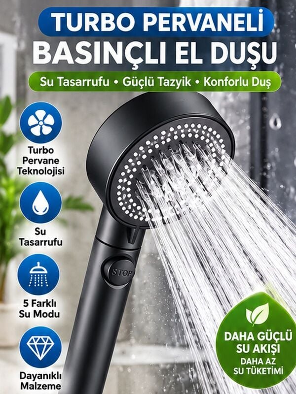 Mucit Home  Turbo Pervaneli Su Tasarruflu Basınçlı El Duşu Tazyikli Fiskiye Duş Başlık