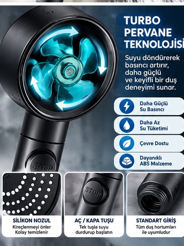 Mucit Home  Turbo Pervaneli Su Tasarruflu Basınçlı El Duşu Tazyikli Fiskiye Duş Başlık