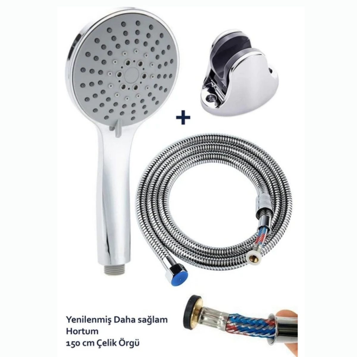 Mucit Home   5 Fonksiyonlu  Krom Duş Başlığı 150CM Örgülü Hortumlu Mafsallı Duş Seti