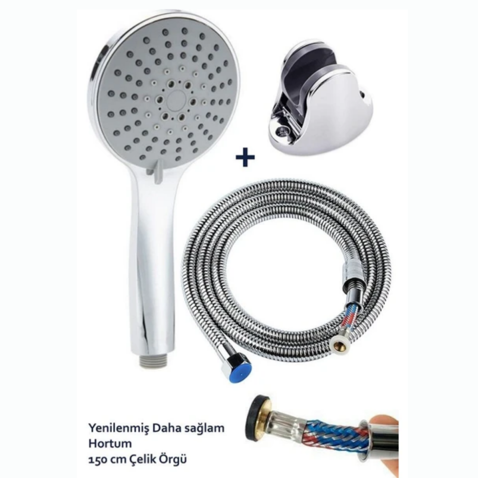 Mucit Home   5 Fonksiyonlu  Krom Duş Başlığı 150CM Örgülü Hortumlu Mafsallı Duş Seti