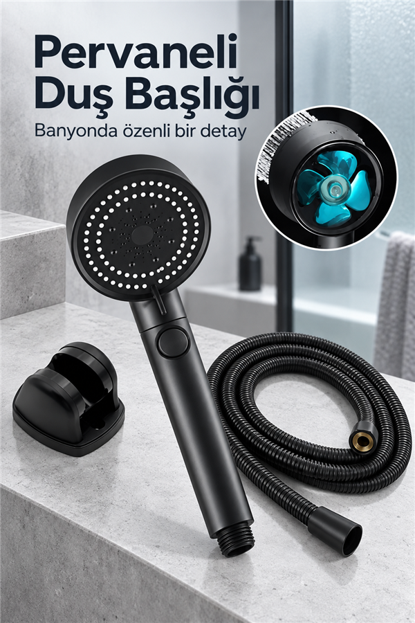 Mucit Home   Turbo 5 Fonksiyonlu Pervaneli Mafsallı Duş Seti - Ayarlanabilir Duş Başlığı