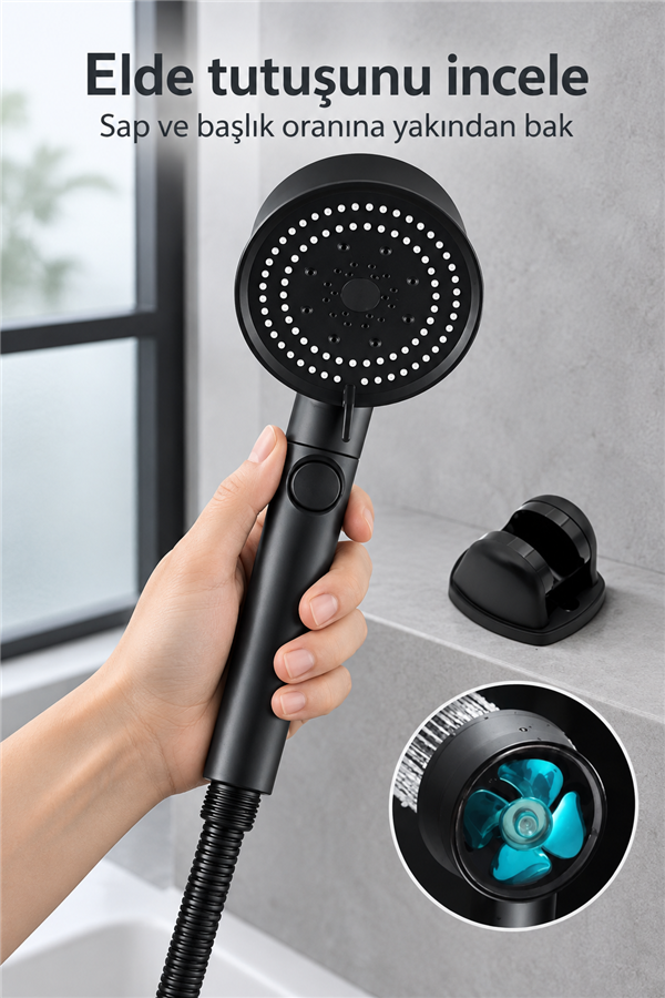 Mucit Home   Turbo 5 Fonksiyonlu Pervaneli Mafsallı Duş Seti - Ayarlanabilir Duş Başlığı