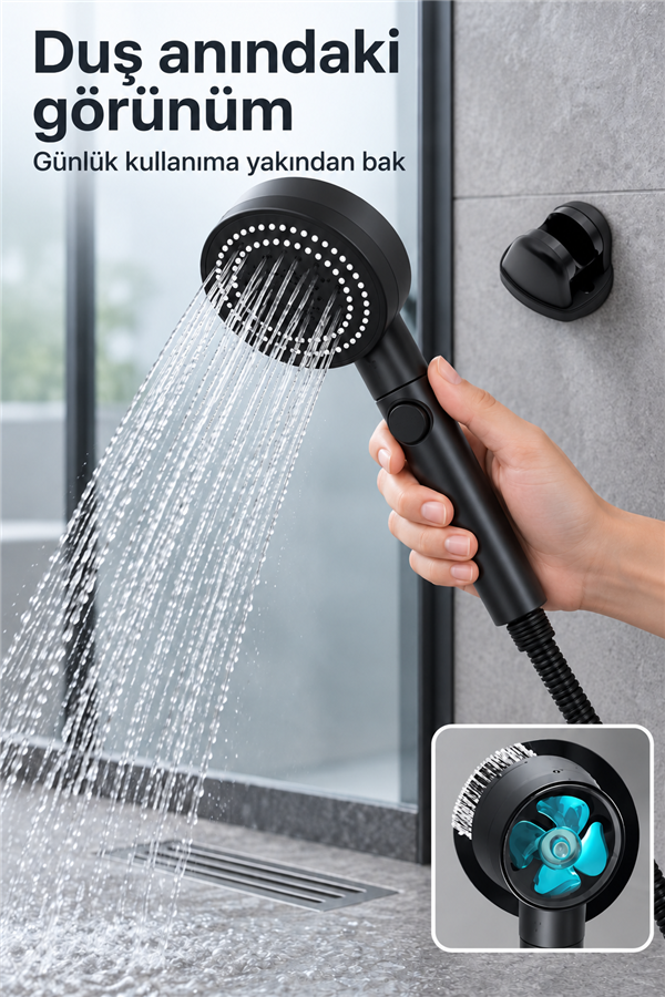 Mucit Home   Turbo 5 Fonksiyonlu Pervaneli Mafsallı Duş Seti - Ayarlanabilir Duş Başlığı