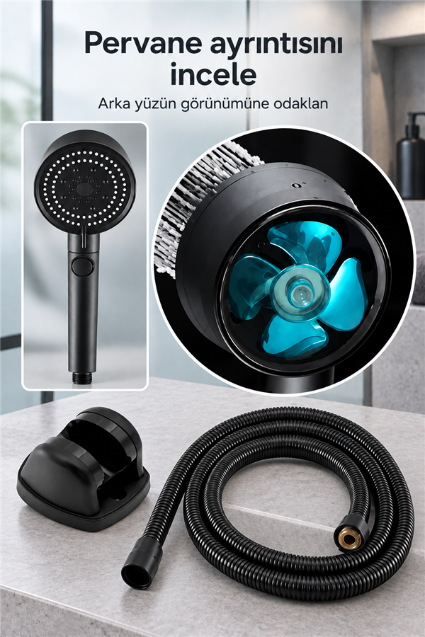 Mucit Home   Turbo 5 Fonksiyonlu Pervaneli Mafsallı Duş Seti - Ayarlanabilir Duş Başlığı