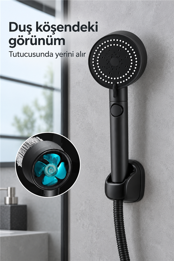 Mucit Home   Turbo 5 Fonksiyonlu Pervaneli Mafsallı Duş Seti - Ayarlanabilir Duş Başlığı
