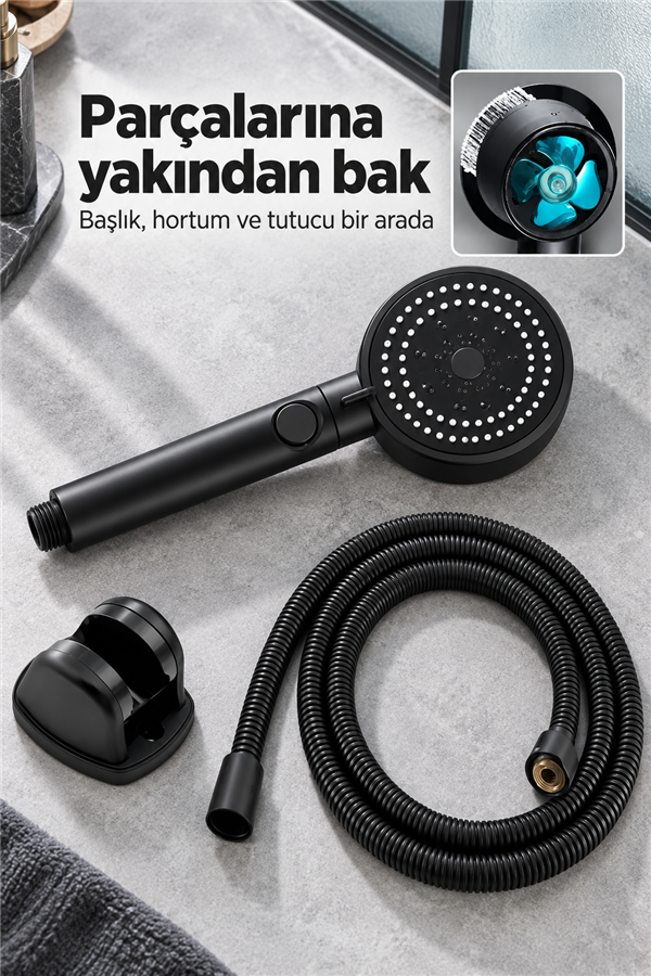 Mucit Home   Turbo 5 Fonksiyonlu Pervaneli Mafsallı Duş Seti - Ayarlanabilir Duş Başlığı