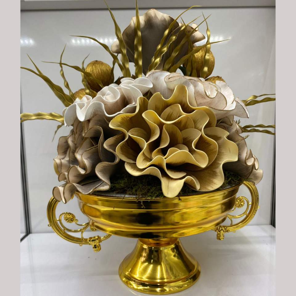 Mucit Home  Yapay Çiçek Aranjmalı Yapay Çiçekli Gold Metal  Oval Vazo Saksı Vazo kollu Zamak no/8