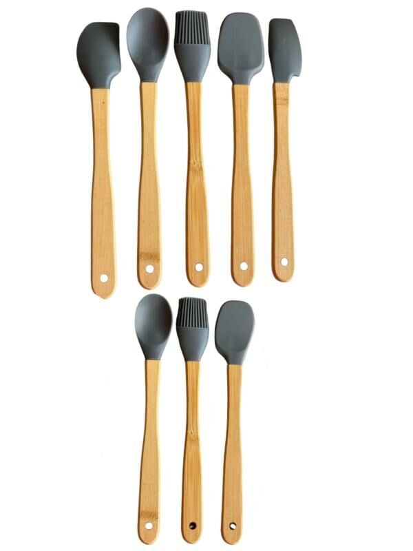 Mucit Home GRİ 8'li Bambu Saplı Silikon Uçlu Spatula Fırçalı Kaşık Seti
