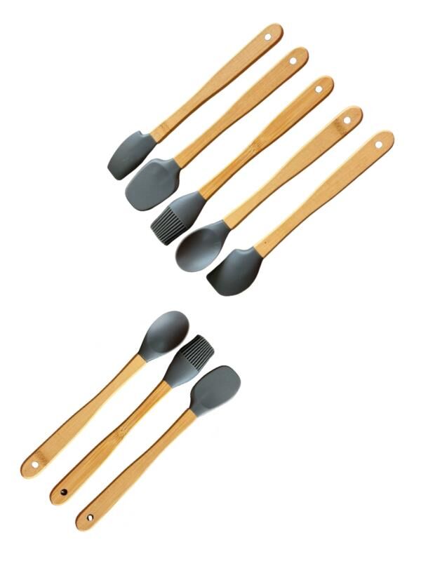 Mucit Home GRİ 8'li Bambu Saplı Silikon Uçlu Spatula Fırçalı Kaşık Seti