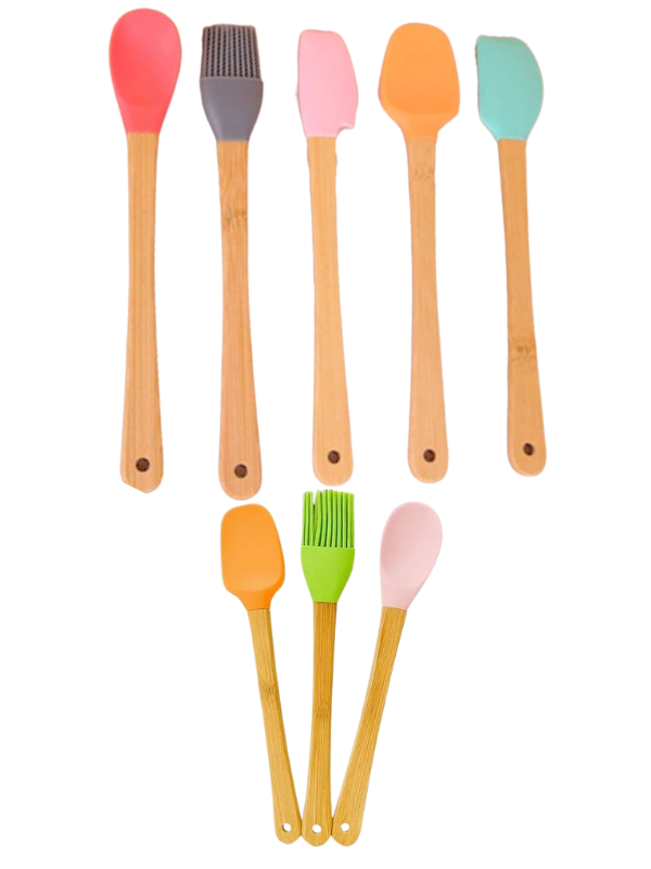 Mucit Home Renkli 8'li Bambu Saplı Silikon Uçlu Spatula Fırçalı Kaşık Seti