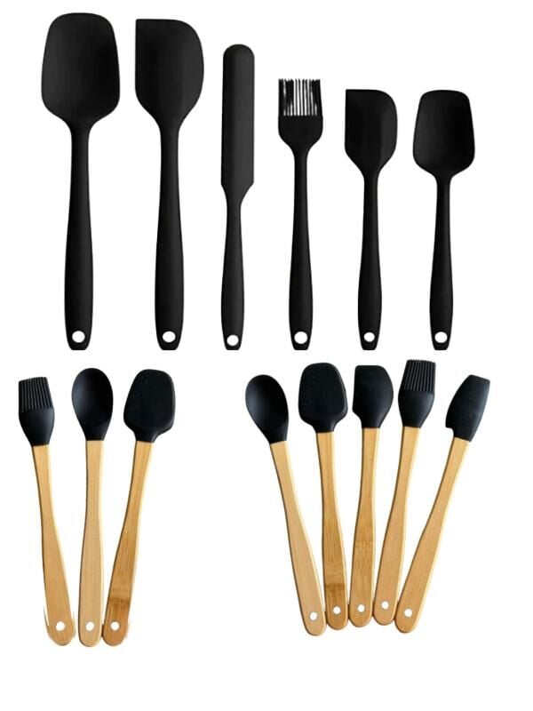 Mucit Home Siyah 14 Parça Silikon Ve Bambu Saplı Silikon Uçlu Spatula Fırçalı Kaşık Seti