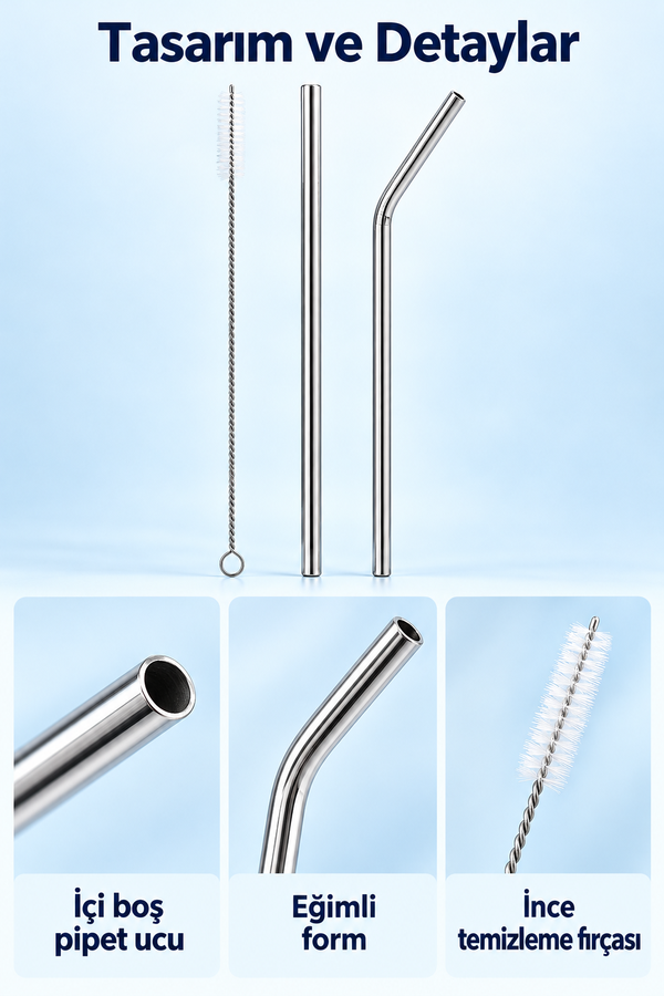 Mucit Home 2 Li Paslanmaz Çelik Pipet + Temizleme Fırçası