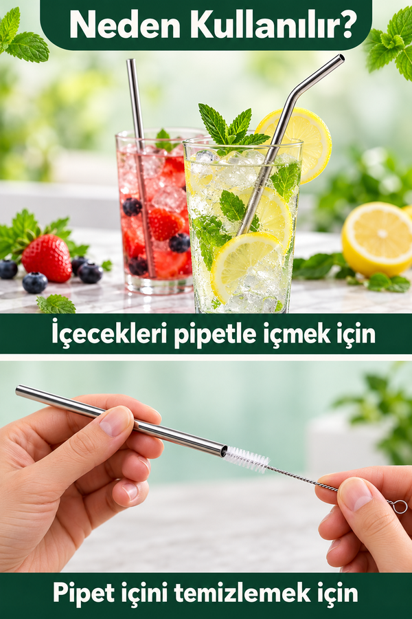 Mucit Home 2 Li Paslanmaz Çelik Pipet + Temizleme Fırçası
