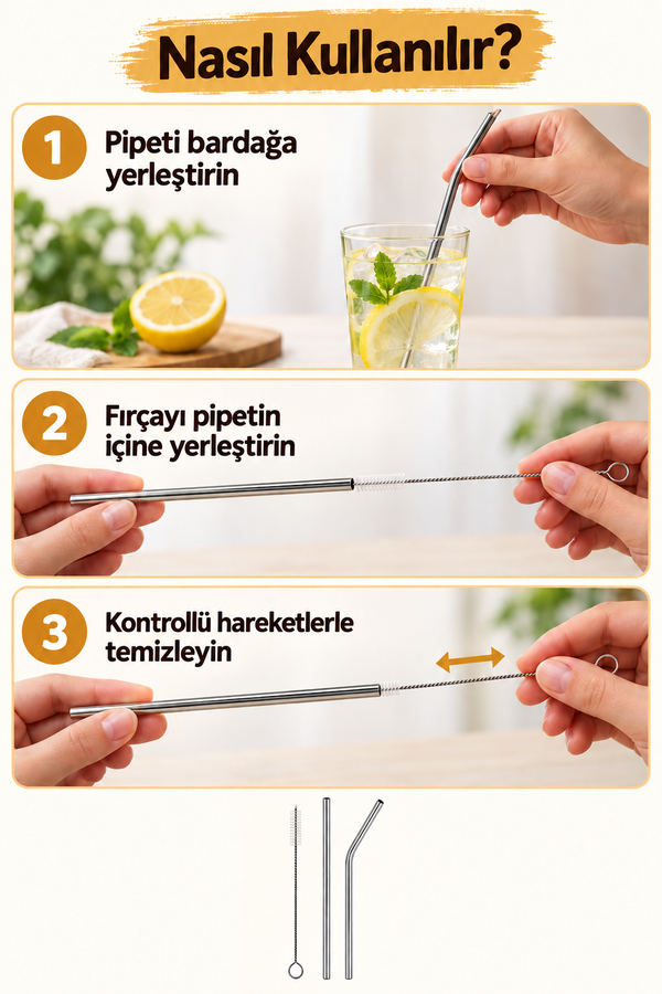 Mucit Home 2 Li Paslanmaz Çelik Pipet + Temizleme Fırçası