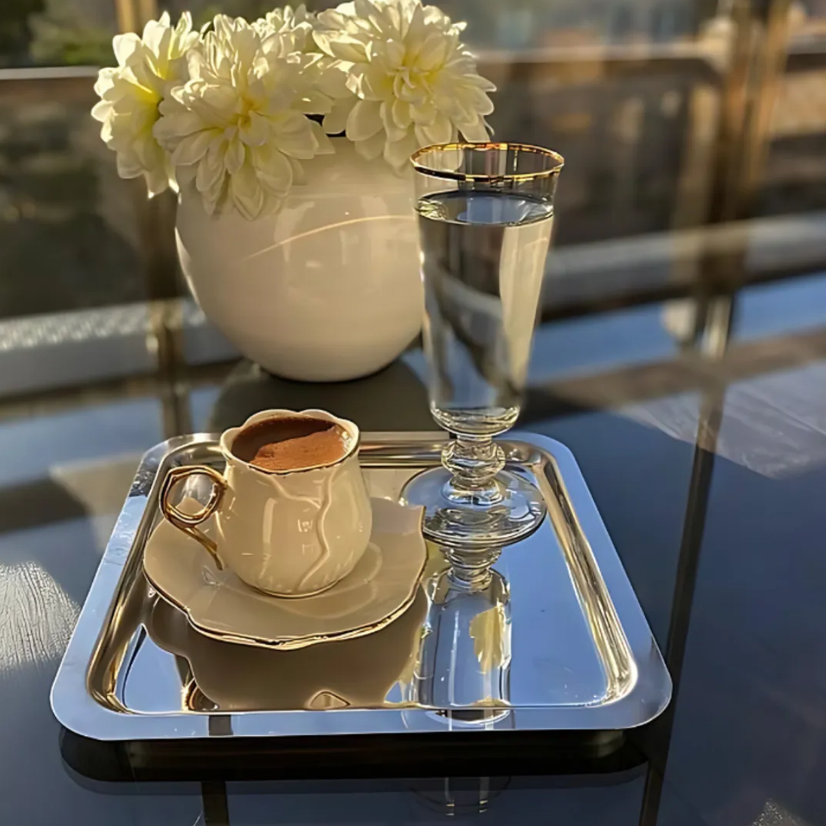 Mucit Home  Paslanmaz Çelik Kare 6lı Aksesuarsız Çay Kahve Sunum Tepsisi