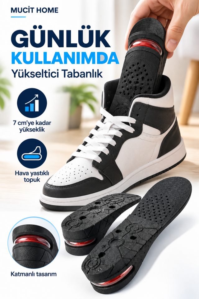 Mucit Home 7 Cm Tam Boy Uzatıcı Tabanlık Hava Yastıklı Boyuzatan Ayakkabı Tabanlığı Gizli Topuk Yükseltici