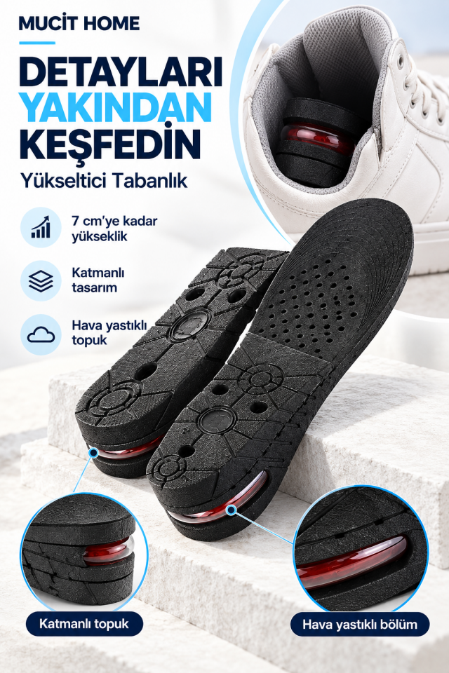 Mucit Home 7 Cm Tam Boy Uzatıcı Tabanlık Hava Yastıklı Boyuzatan Ayakkabı Tabanlığı Gizli Topuk Yükseltici