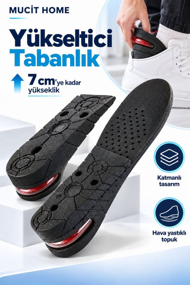 Mucit Home 7 Cm Tam Boy Uzatıcı Tabanlık Hava Yastıklı Boyuzatan Ayakkabı Tabanlığı Gizli Topuk Yükseltici
