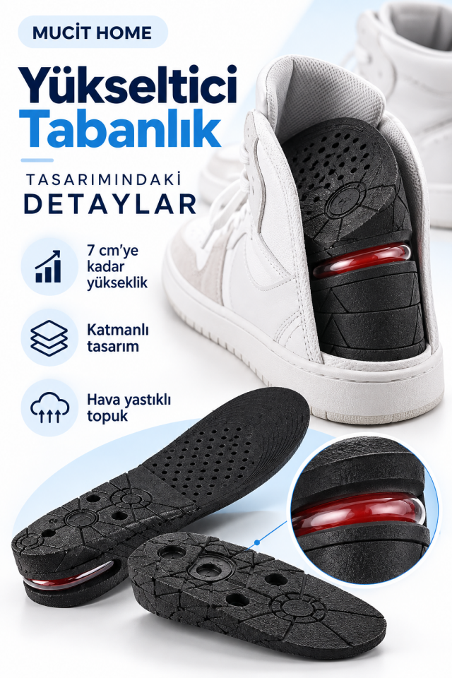 Mucit Home 7 Cm Tam Boy Uzatıcı Tabanlık Hava Yastıklı Boyuzatan Ayakkabı Tabanlığı Gizli Topuk Yükseltici