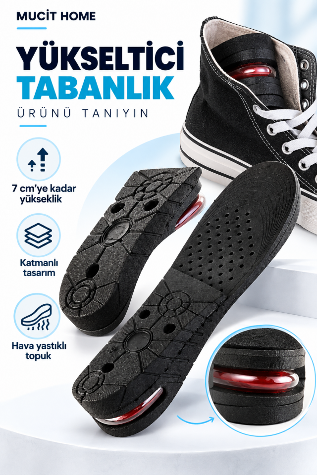 Mucit Home 7 Cm Tam Boy Uzatıcı Tabanlık Hava Yastıklı Boyuzatan Ayakkabı Tabanlığı Gizli Topuk Yükseltici
