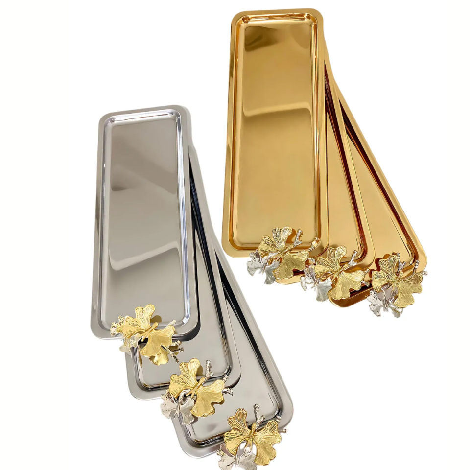 Mucit Home  Baton Paslanmaz Çelik Kelebekli Gold Servis ,çay ,kahve ,ikramlık Ve Sunum Tepsisi 6'lı Lüx