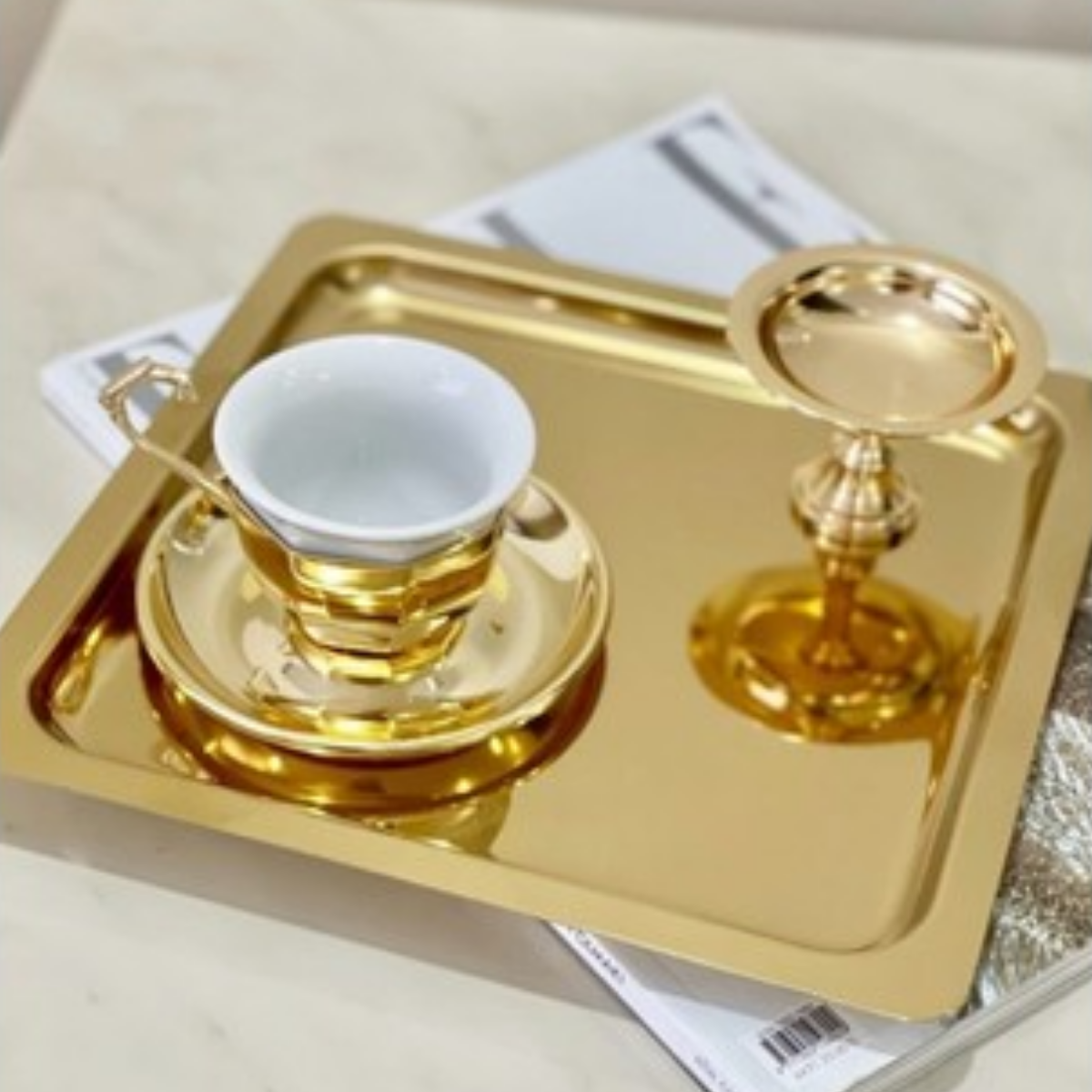 Mucit Home  1 Adet Gold Altın Kare Paslanmaz Çelik Kahve Servis Sunum Tepsi (21X21CM)