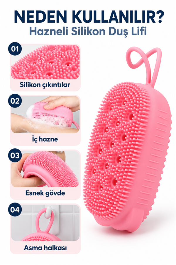 Mucit Home  Silikon Hazneli Duş Lifi – Masajlı ve Yumuşak Kese