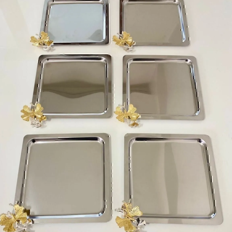 Mucit Home  Lüx Kare Kelebek Aksesuarlı Paslanmaz Çelik 6’lı Gümüş Kahve, Çay, Dekoratif Sunum Servis Tepsisi