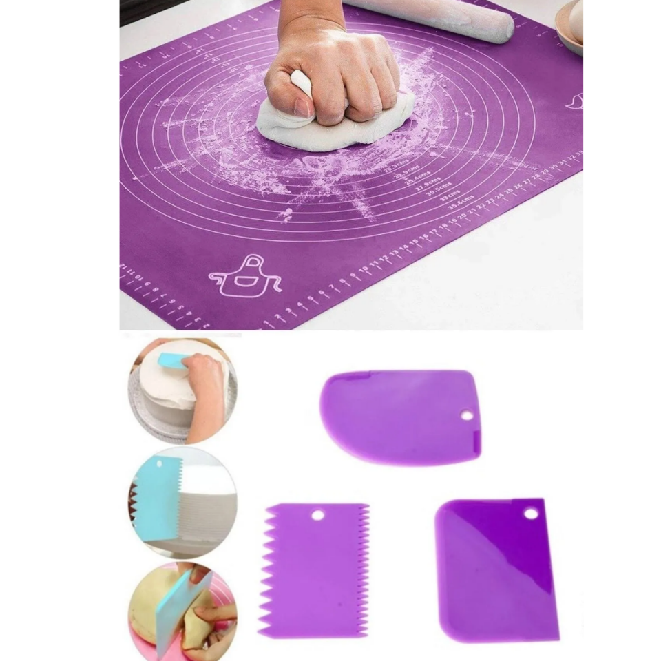 Mucit Home   Silikon Hamur Açma Matı Ve 3'lü Hamur Kesici Kazıyıcı Set 2'li Set 40x50 cm