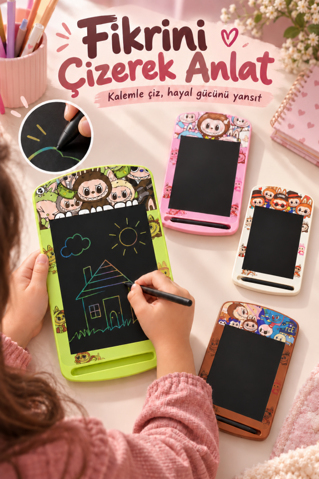 Mucit Home Labubu Detaylı Kalemli Çocuk Tablet-Karne Okul Hediyesi Yaz Sil Yazı Tahtası