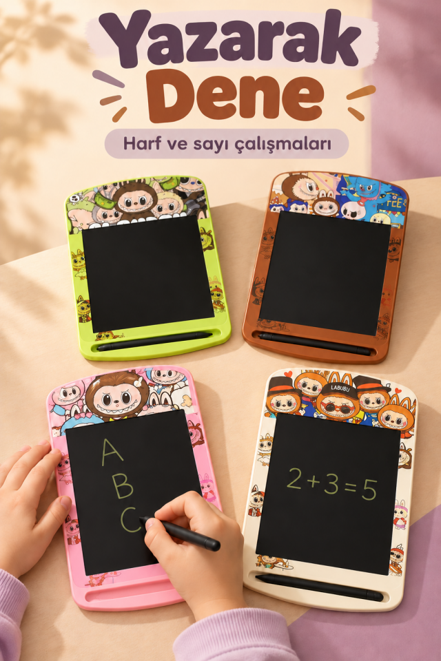 Mucit Home Labubu Detaylı Kalemli Çocuk Tablet-Karne Okul Hediyesi Yaz Sil Yazı Tahtası