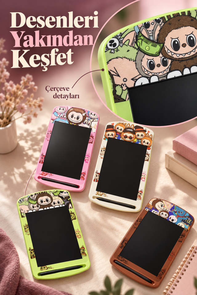 Mucit Home Labubu Detaylı Kalemli Çocuk Tablet-Karne Okul Hediyesi Yaz Sil Yazı Tahtası