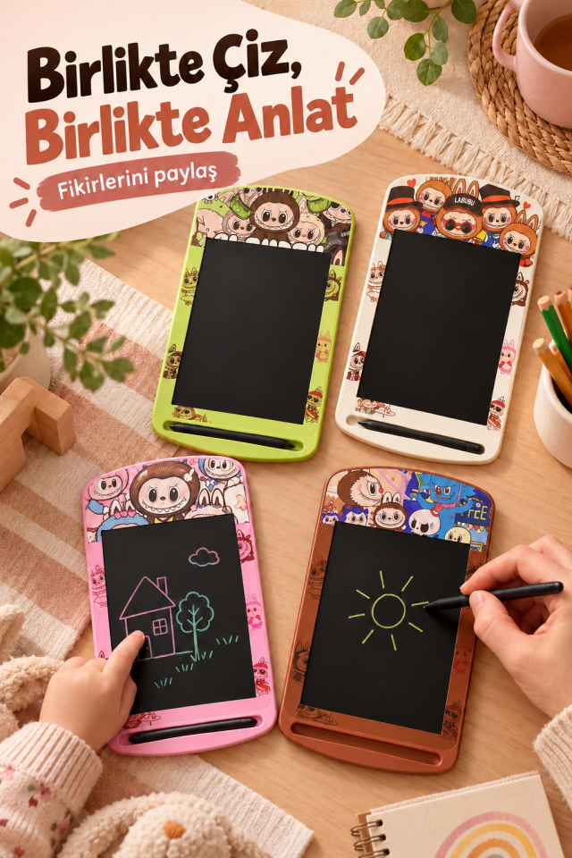 Mucit Home Labubu Detaylı Kalemli Çocuk Tablet-Karne Okul Hediyesi Yaz Sil Yazı Tahtası