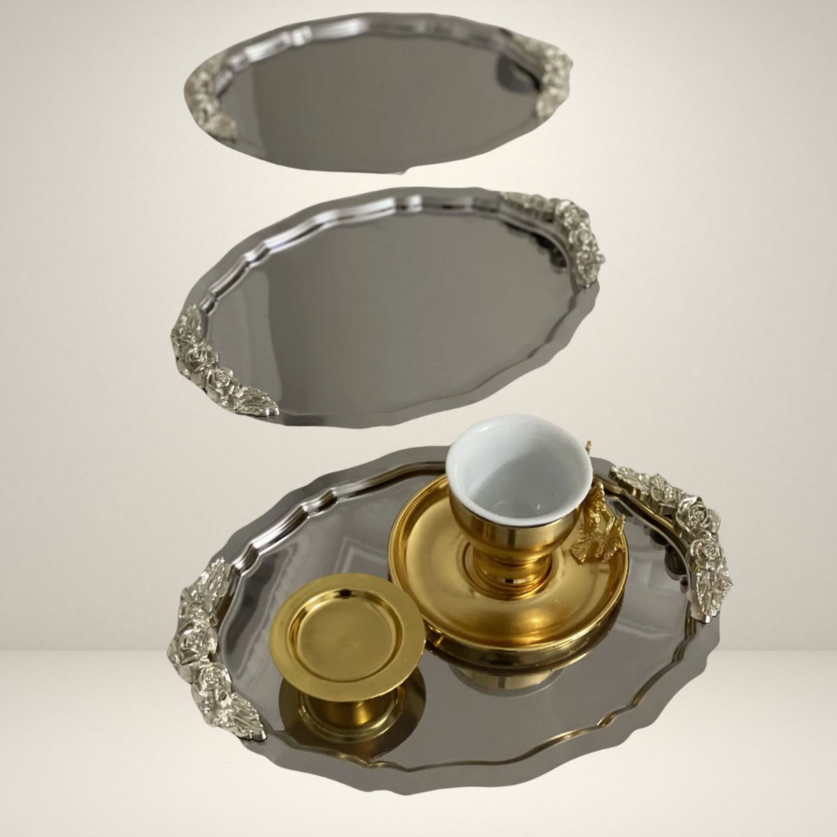 Mucit Home  PASLANMAZ ÇELİK 3 ADET OVAL GÜMÜŞ KULPLU SERVİS VE SUNUM TEPSİSİ