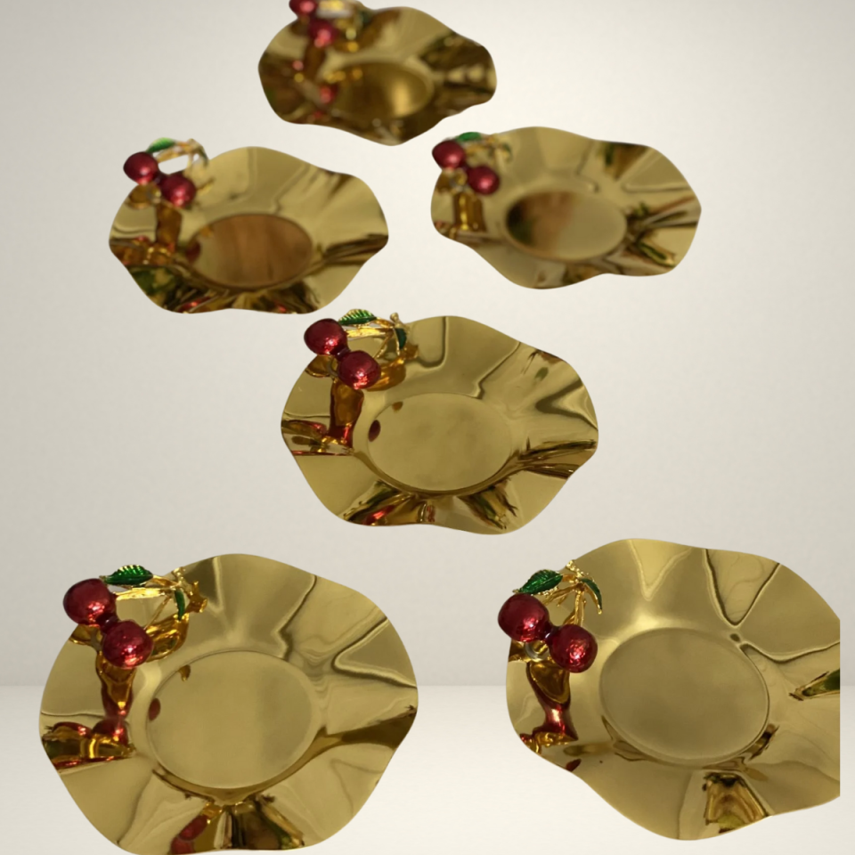 Mucit Home  GOLD RENK DALGALI MODEL KİRAZ AKSEAUARLI 6 LI ÇAY TABAĞI