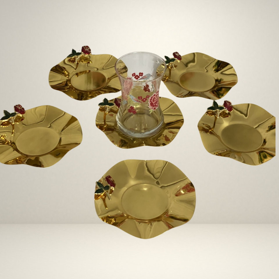 Mucit Home  PASLANMAZ ÇELİK GOLD RENK GÜL AKSESUARLI 6 LI ÇAY TABAĞI