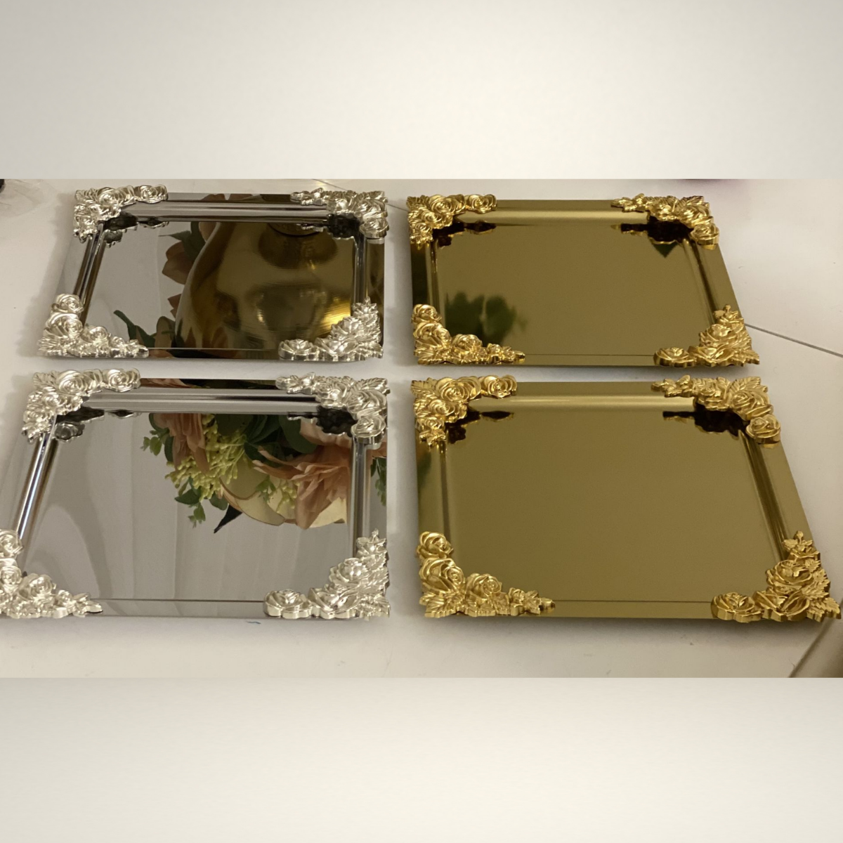 Mucit Home  GOLD VE GÜMÜŞ KARE 4 LÜ DÖRT KENAR GÜL AKSESUARLI SUNUM TEPSİSİ