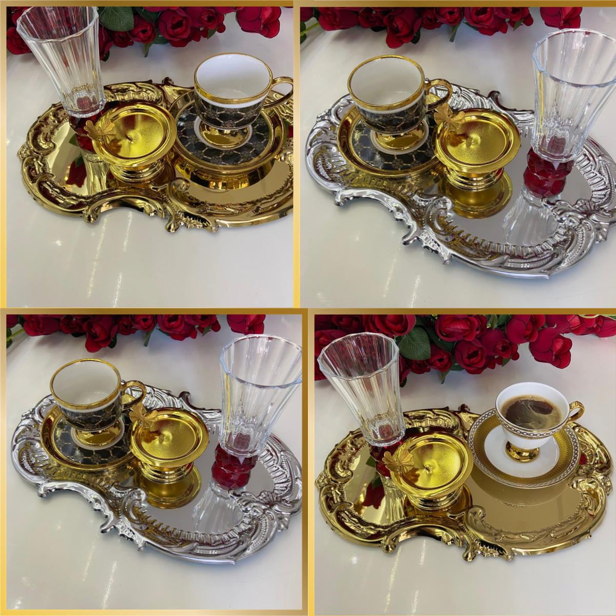 Mucit Home  2 GOLD 2 GÜMÜŞ RENK İŞLEMELİ DESENLİ SERVİS VE SUNUM TEPSİSİ