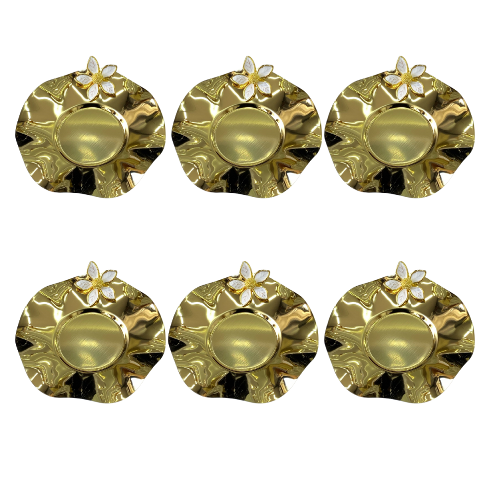 Mucit Home  Paslanmaz Gold  Çay Tabağı - Dalgalı Model Çiçekli (6 Adet)