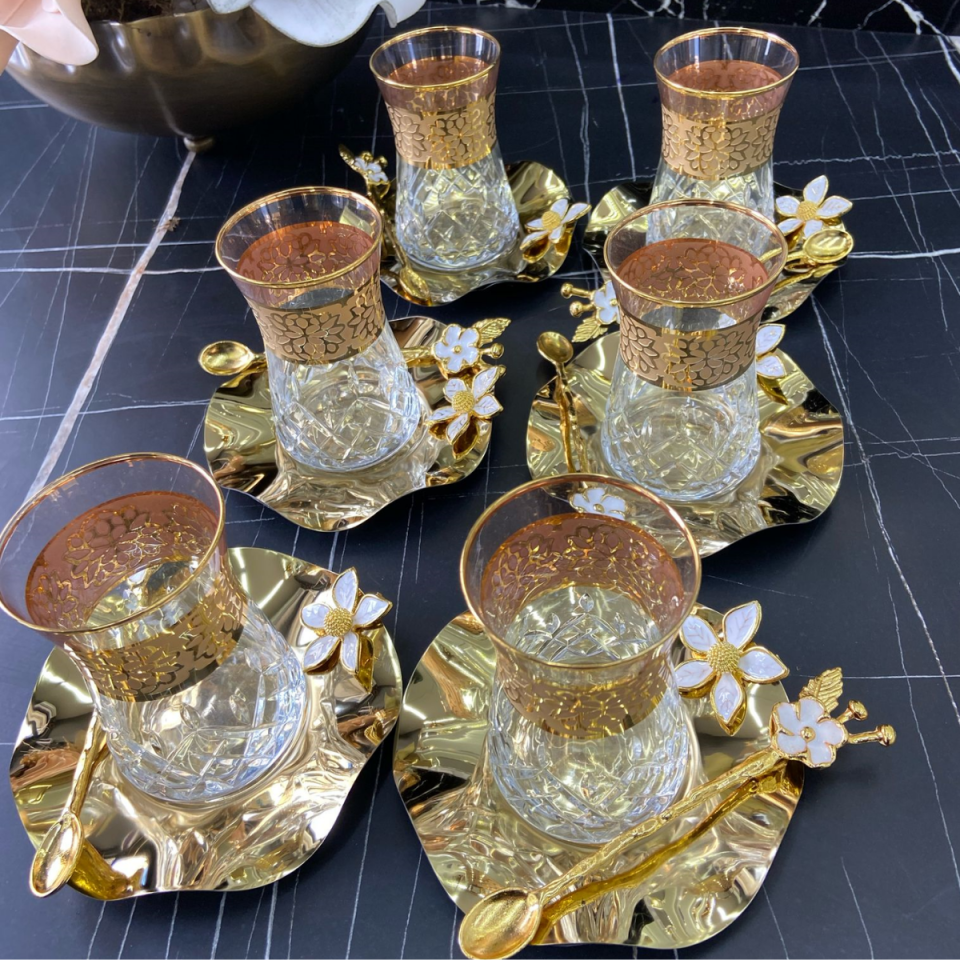 Mucit Home  Paslanmaz Gold  Çay Tabağı - Dalgalı Model Çiçekli (6 Adet)