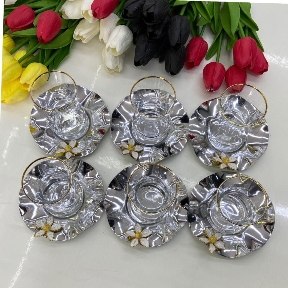 Mucit Home  Paslanmaz Gümüş Çay Tabağı - Dalgalı Model Çiçekli (6 Adet)