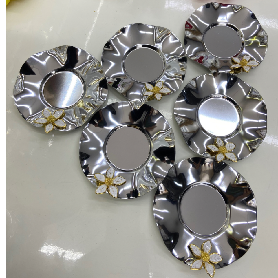 Mucit Home  Paslanmaz Gümüş Çay Tabağı - Dalgalı Model Çiçekli (6 Adet)