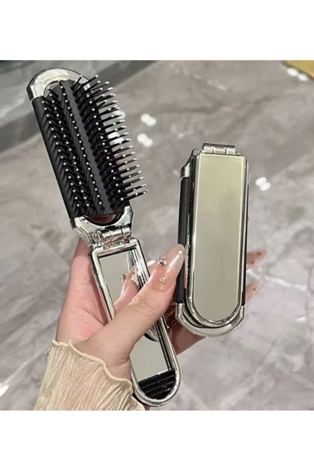 Mucit Home Katlanabilir Mini Aynalı Saç Fırçası Katlanır Tarak Baş Masajı Taşınabilir Seyahat Saç Fırçası
